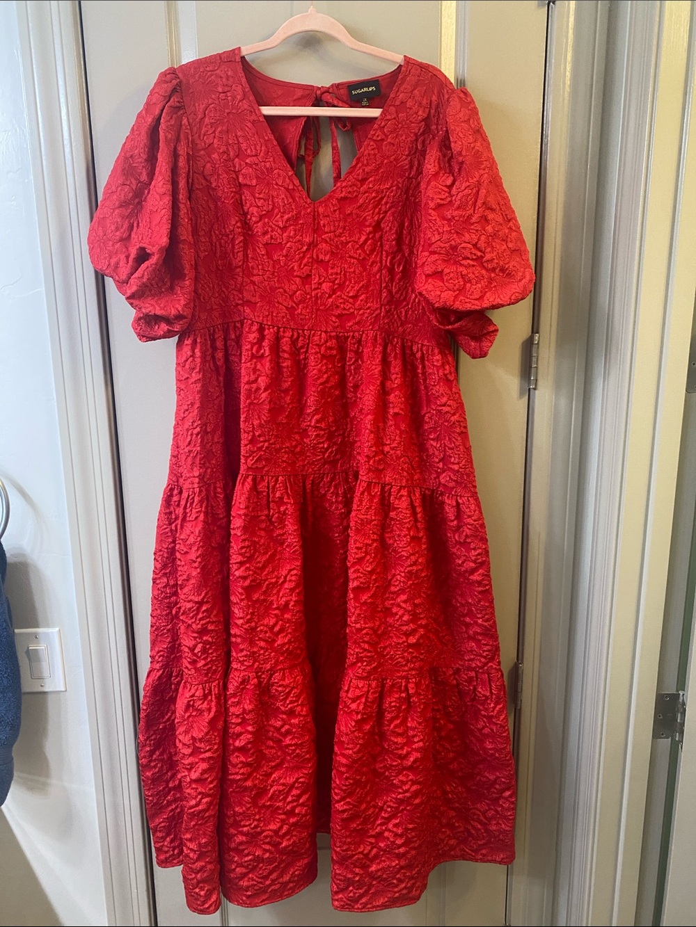 Sugarlips Red Textured Puff-Sleeve Maxi Dress
